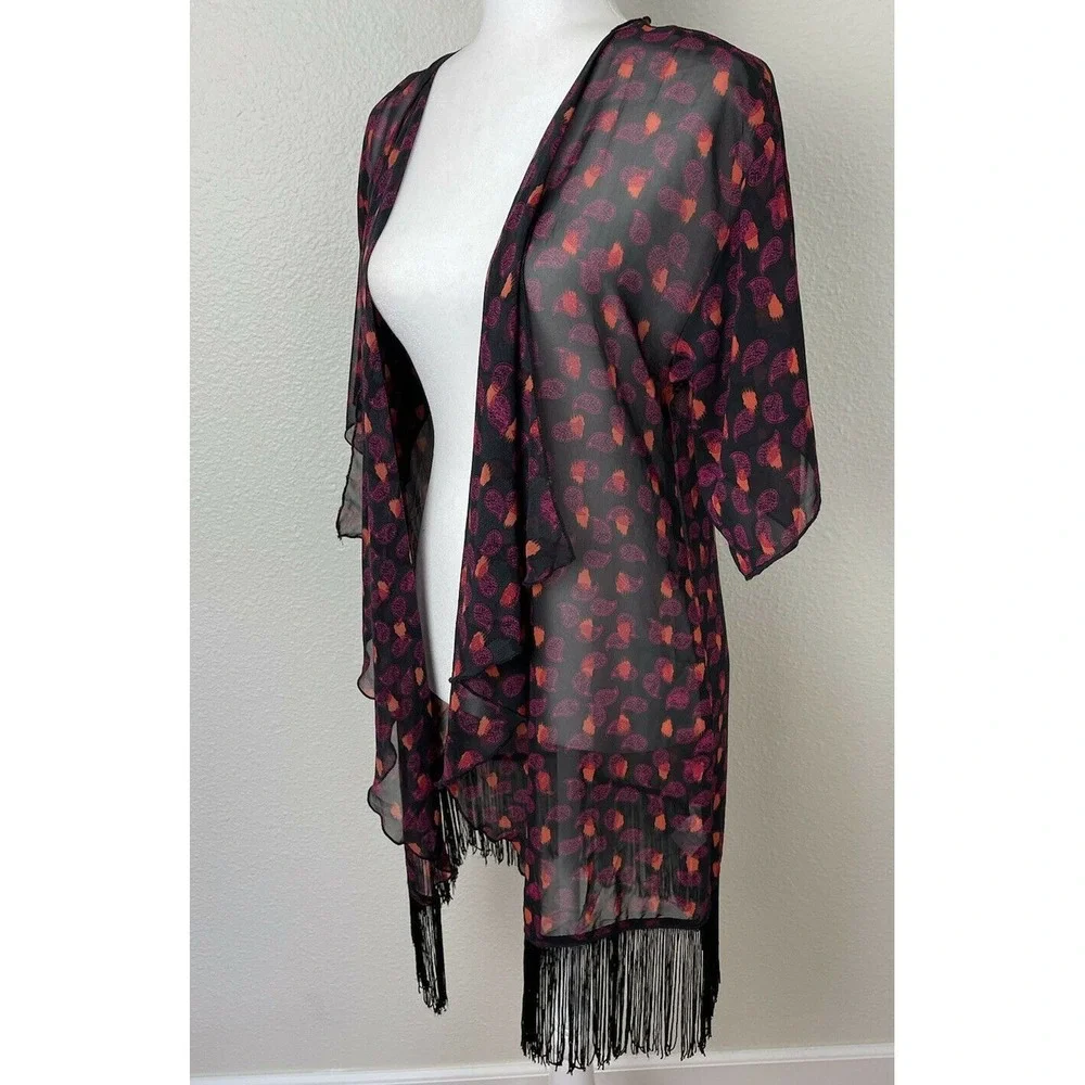 Lularoe Monroe kimono Sz S multi color‎ with black fringe Coverup Beach
